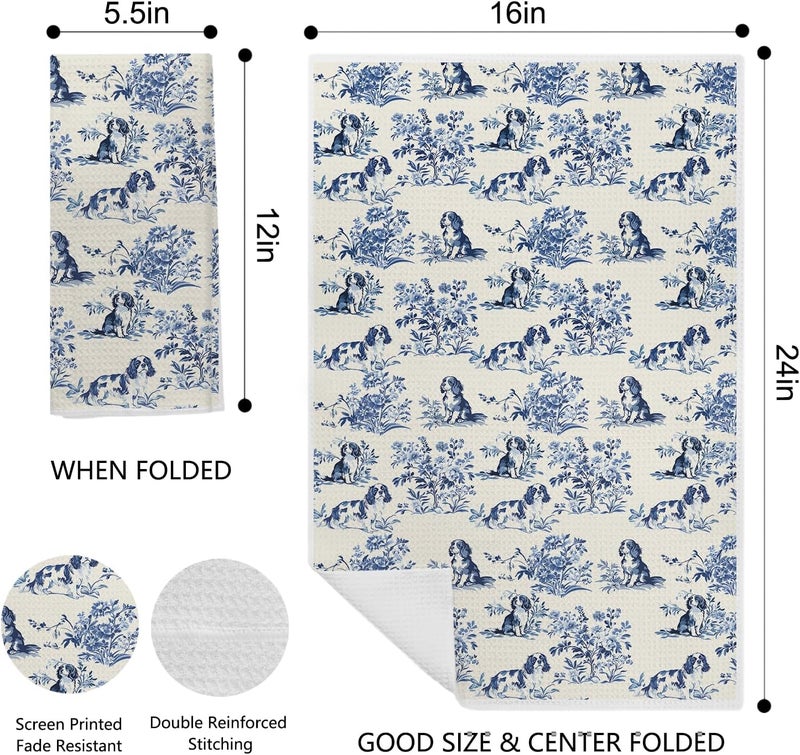 EKGJW Chinoiserie Cavalier King Charles Spaniel Kitchen Towels, King Charles Cavalier Gifts Dish Tea Towels for Kitchen, Grandmillennial Toile de Jouy Dog Hand Towels for Bathroom, 16x24 Inch - Image 2